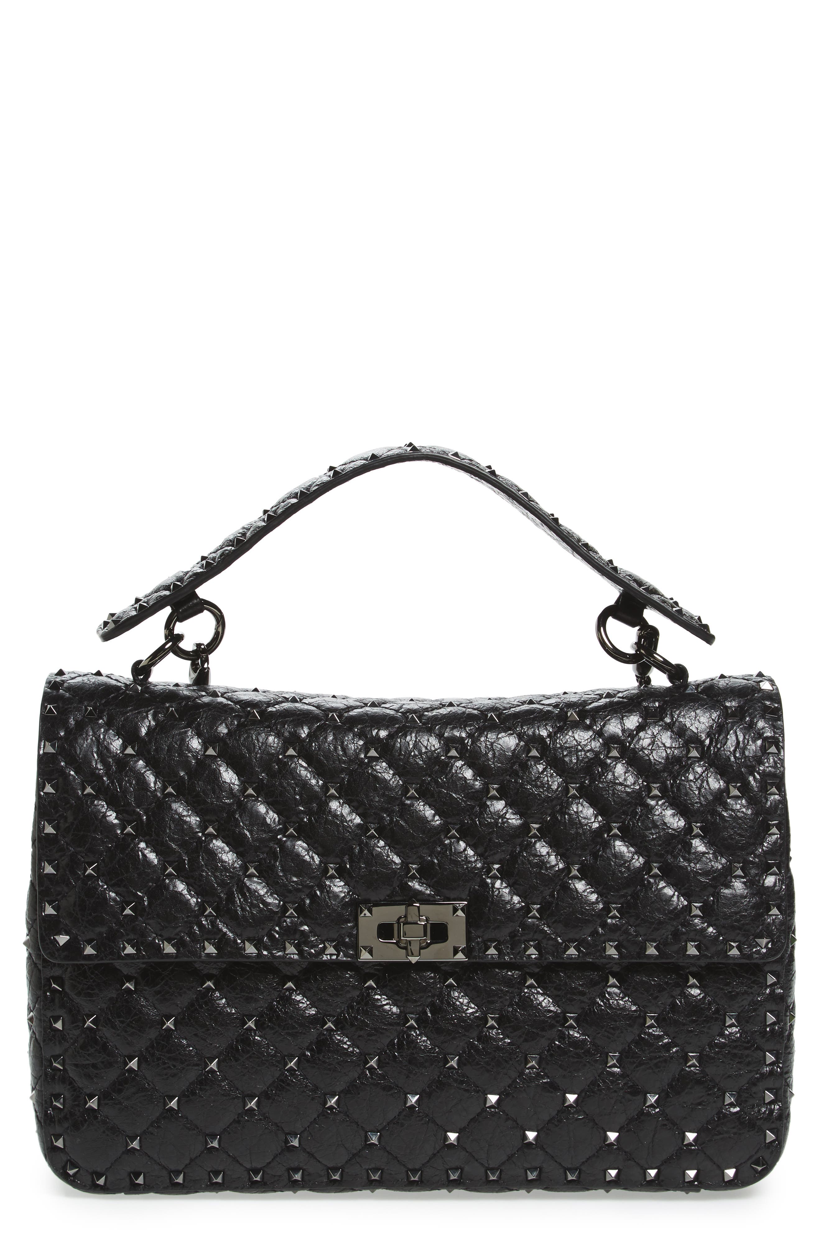 Valentino Garavani Rockstud Leather Top Handle Satchel, Main, color, 