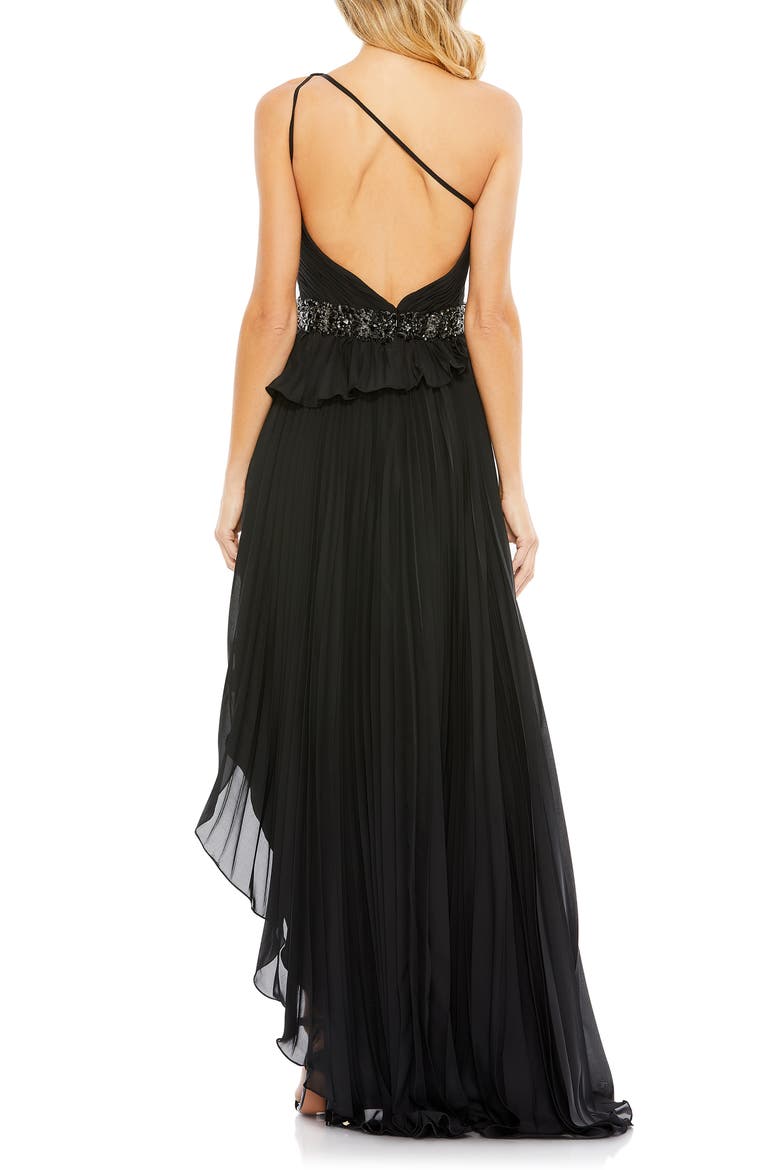 Embellished Gown with Strappy Open Back & Asymmetrical Ruffle Hem, Alternate, color, BLACK