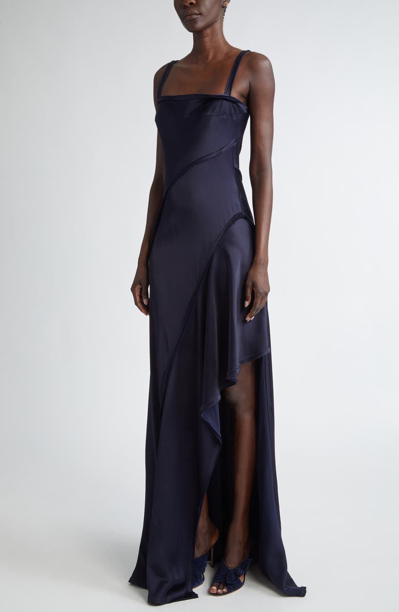 Jason Wu Collection Bias Cut Crepe Back Satin Gown, Alternate, color, Navy