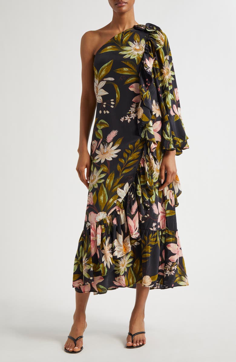 FARM Rio Surreal Flowers One-Shoulder Crêpe de Chine Midi Dress, Main, color, Surreal Flowers Blac