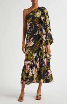 FARM Rio Surreal Flowers One-Shoulder Crêpe de Chine Midi Dress