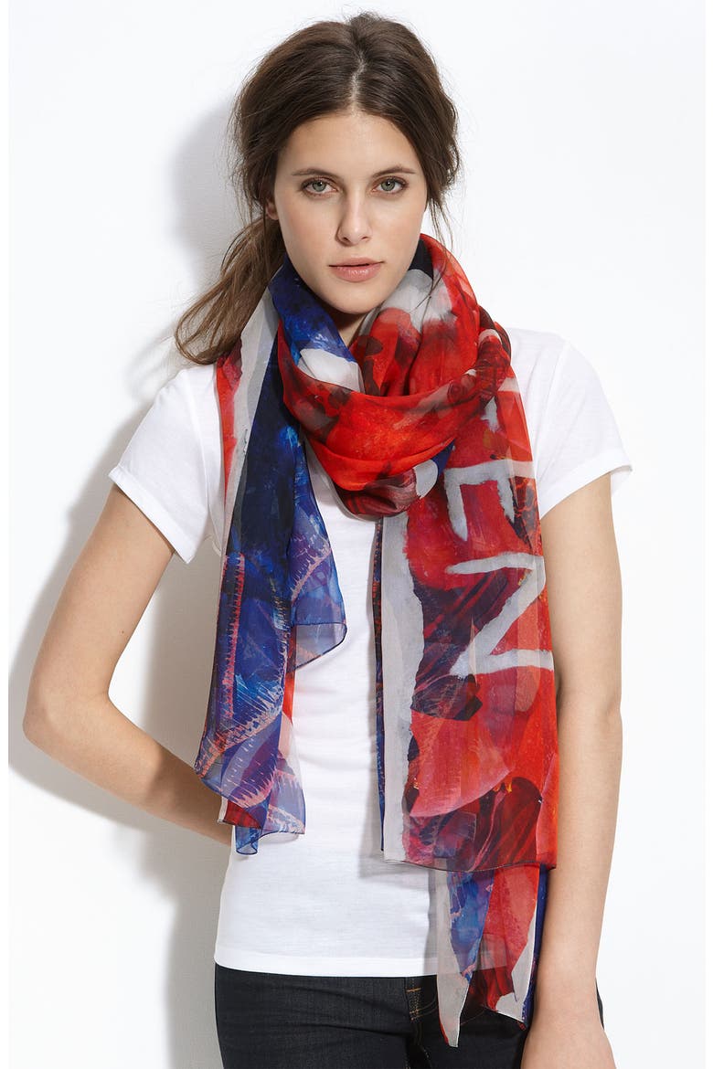 Alexander McQueen 'God Save McQueen' Silk Scarf, Main, color, RED/BLUE