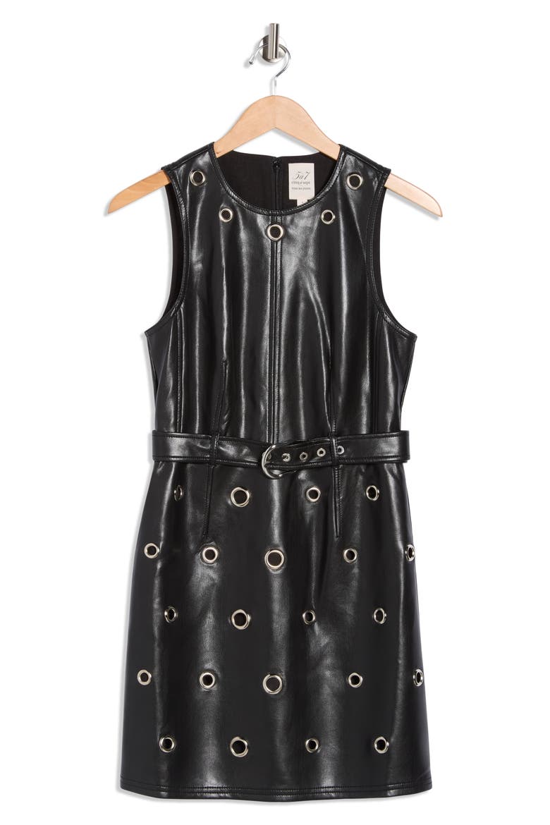 Harriet Grommet Belted Faux Leather Dress, Alternate, color, BLACK