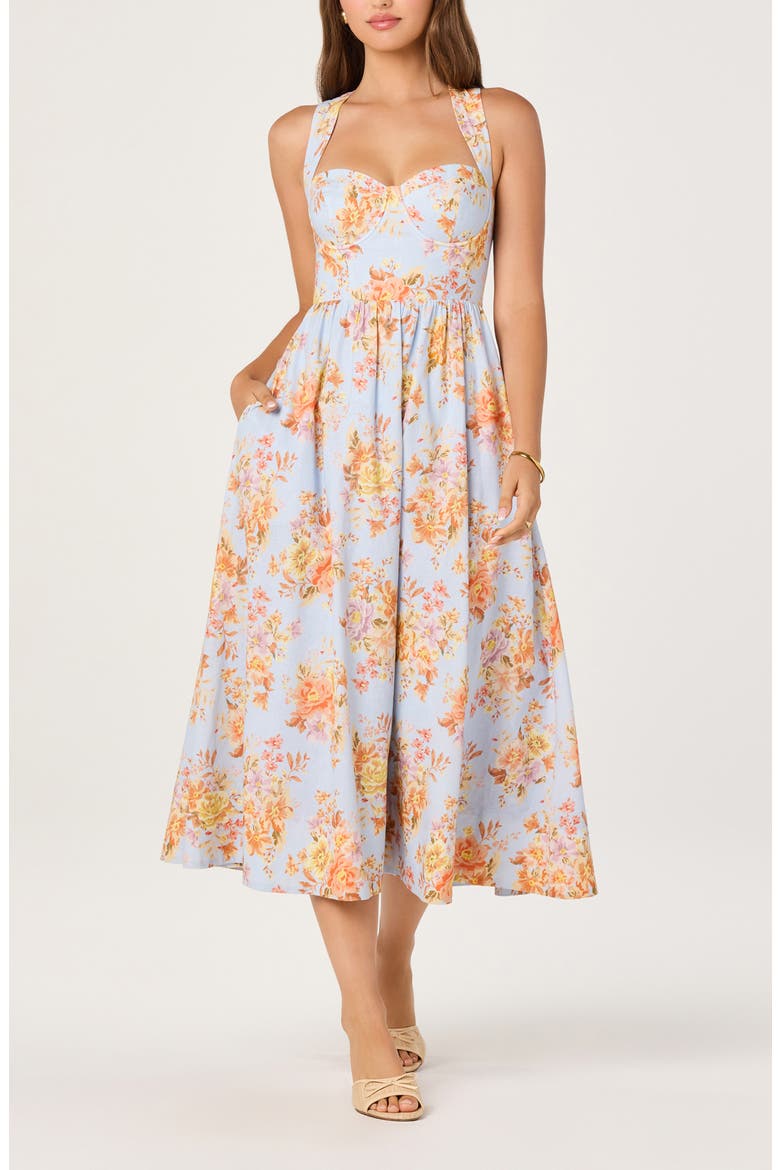 Beryl Floral Cotton & Linen Midi Dress, Alternate, color, BLUE GARDEN FLORAL