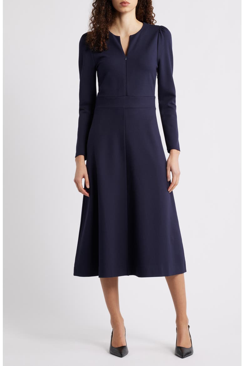 Half-Zip Long Sleeve Ponte Midi Dress, Main, color, NAVY NIGHT