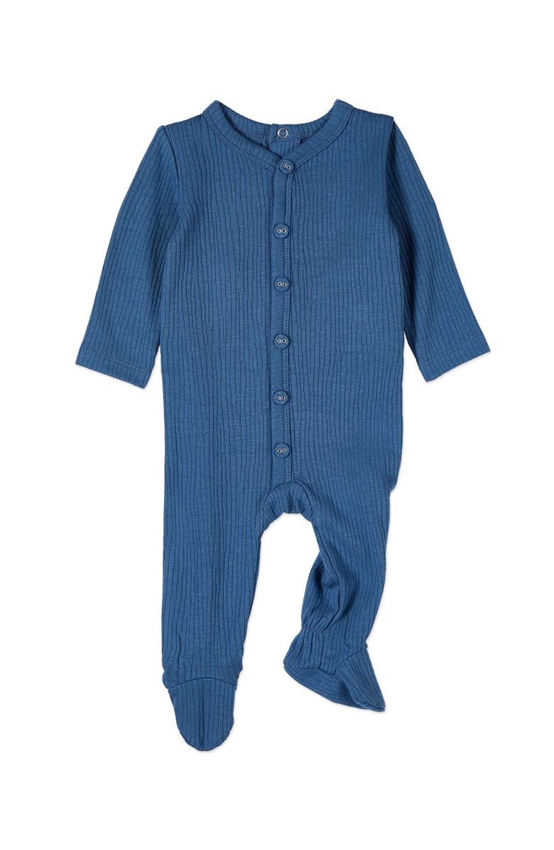 MiniMoi Solid Color Ribbed Cotton Blend Button-Down Footie, Main, color, Deep Water