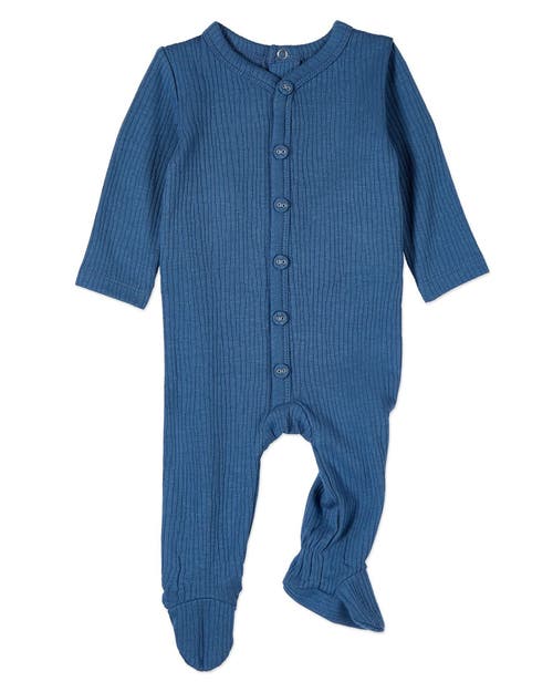 Minimoi Babies'  Solid Color Ribbed Cotton Blend Button-down Footie In Blue