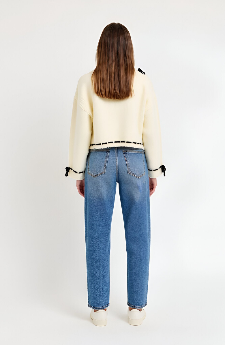 Modenaire Contrast Tie Scalloped Boat Neck Cropped Hem Knit Sweater, Alternate, color, Ivory