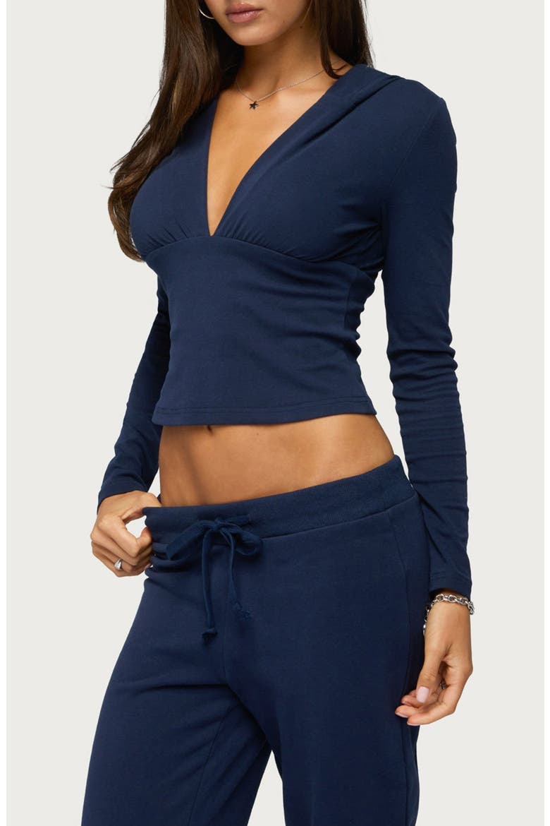 Natashah Hooded Plunge Long Sleeve Crop Top, Alternate, color, NAVY