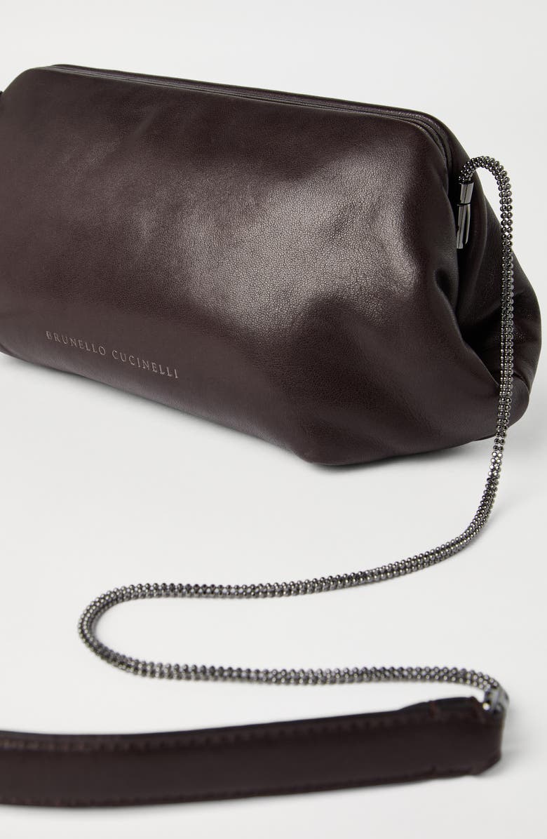 Brunello Cucinelli Glossy nappa leather eclipse pouch bag, Alternate, color, Rust Brown