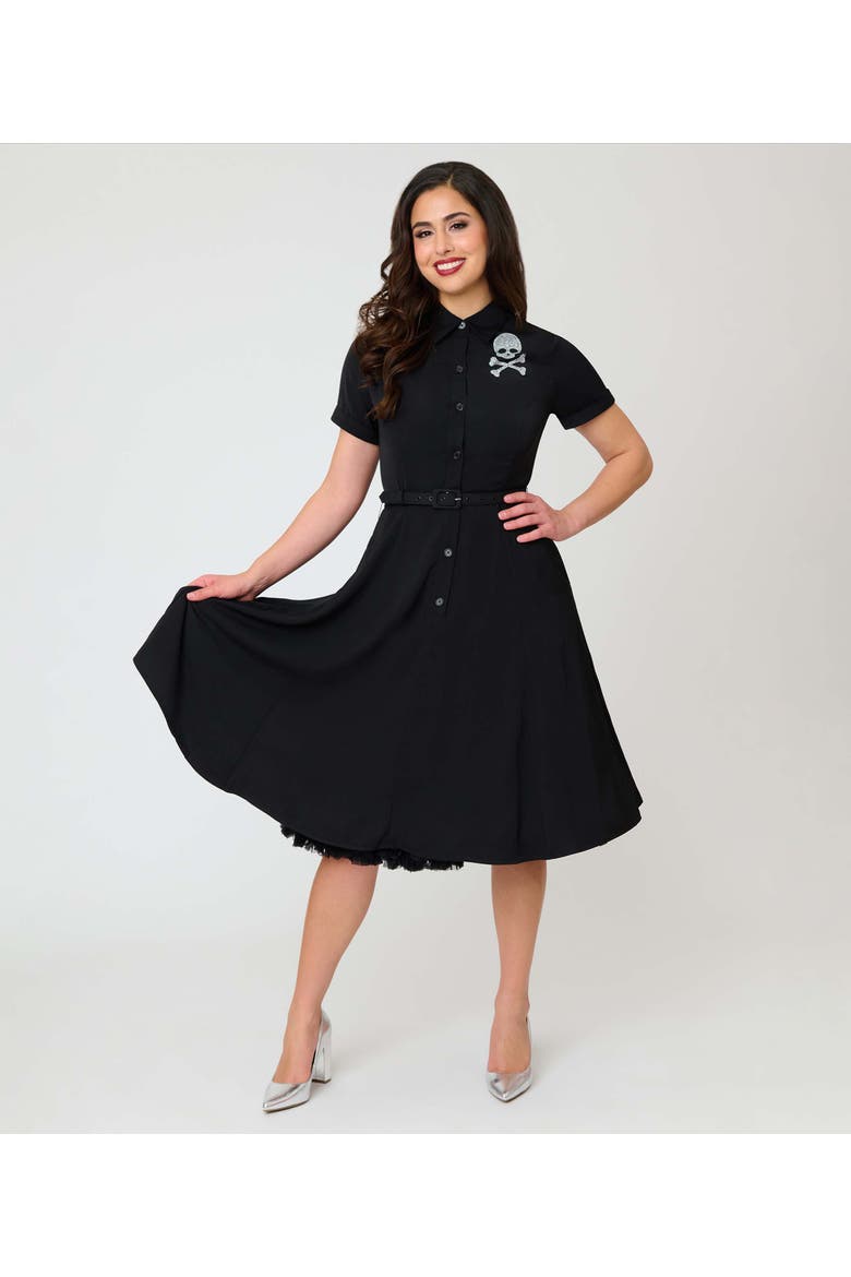 1940s Shirt Dress, Main, color, Black & Rhinestone Skull