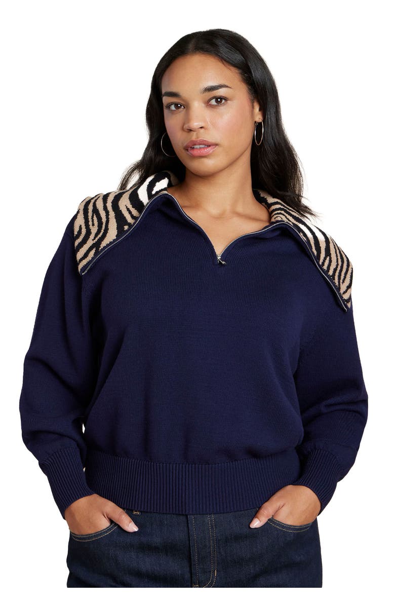 ELOQUII Sweater With Animal Print Collar, Main, color, Navy With Animal