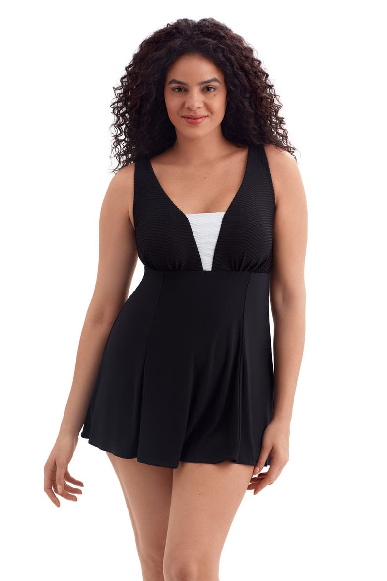 Plunge Long Torso Swim Dress, Main, color, Texture Luxe