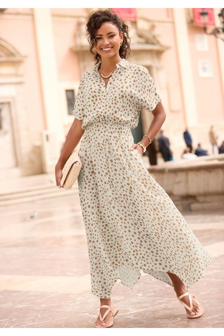 Printed Shirt Collar Dress, Alternate, color, Ivory & Taupe