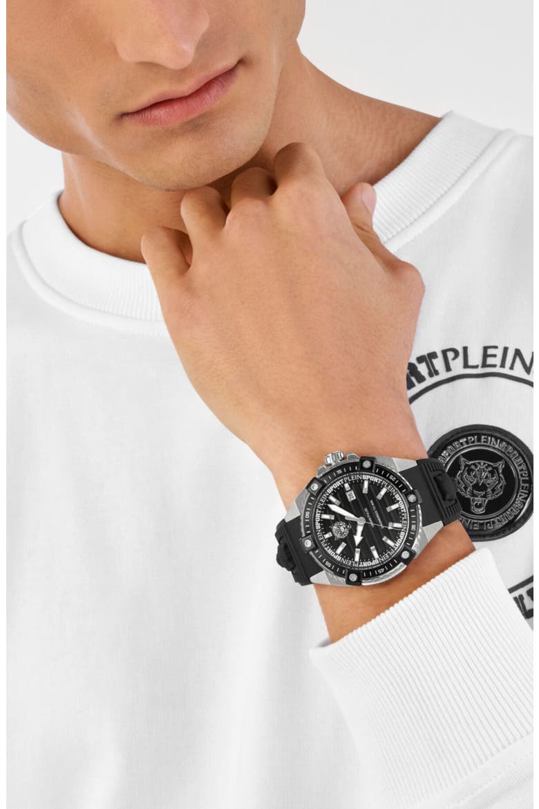Urban Pulse Three Hand Quartz Silicone Strap Watch, 47mm, Alternate, color, STAINLESS STEEL