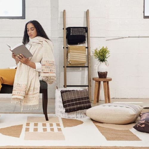 Studio Variously Unah Coral Fully Hand Embroidered Handwoven Organic Cotton Throw In Brown