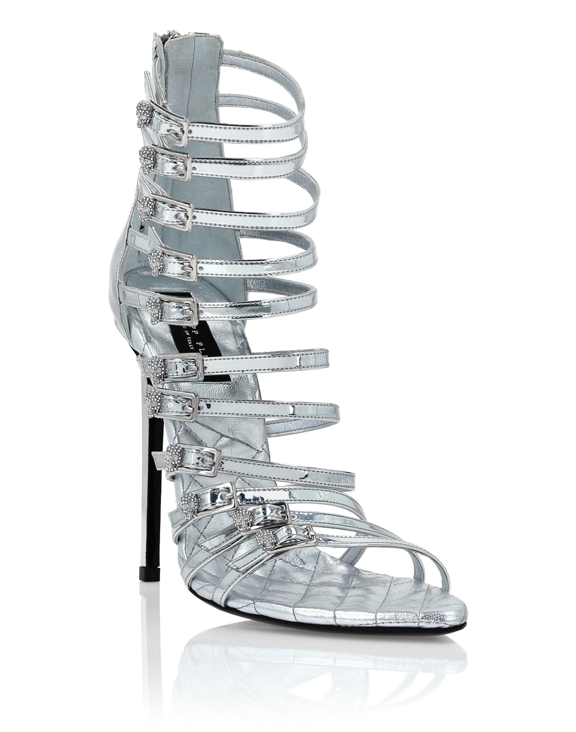 Mirror Leather Sandals High Plein Heels Skull Women, Main, color, Silver
