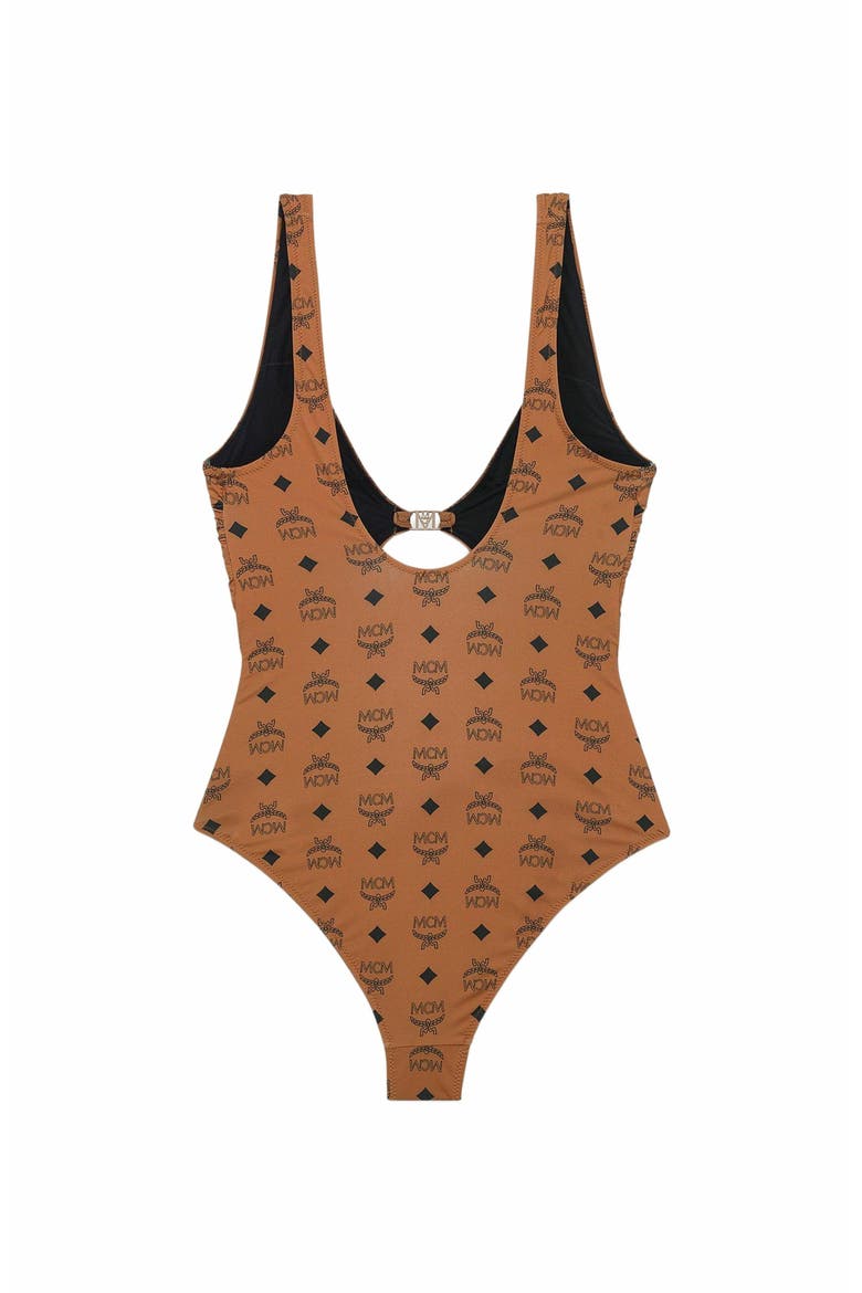 Monogram Print Swimsuit, Alternate, color, Cognac
