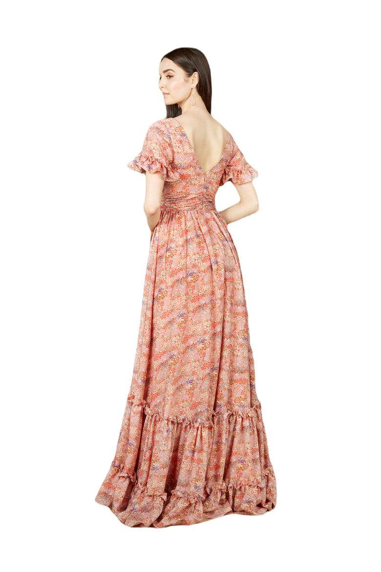 Long Print Gown with Cap Sleeves, Alternate, color, Pink
