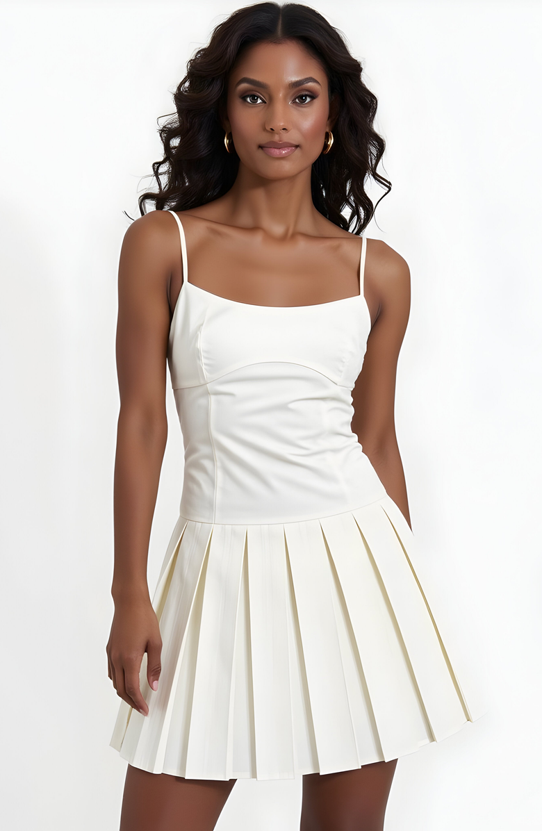 Modenaire Fit and Flare Pleated Mini Dress with Spaghetti Straps and Scoop Neck, Alternate, color, 