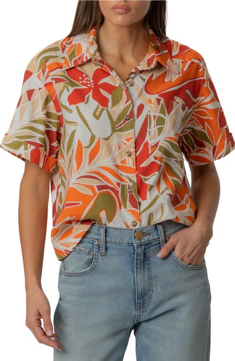 Aida Stretch Cotton Blend Short Sleeve Button-Up Top