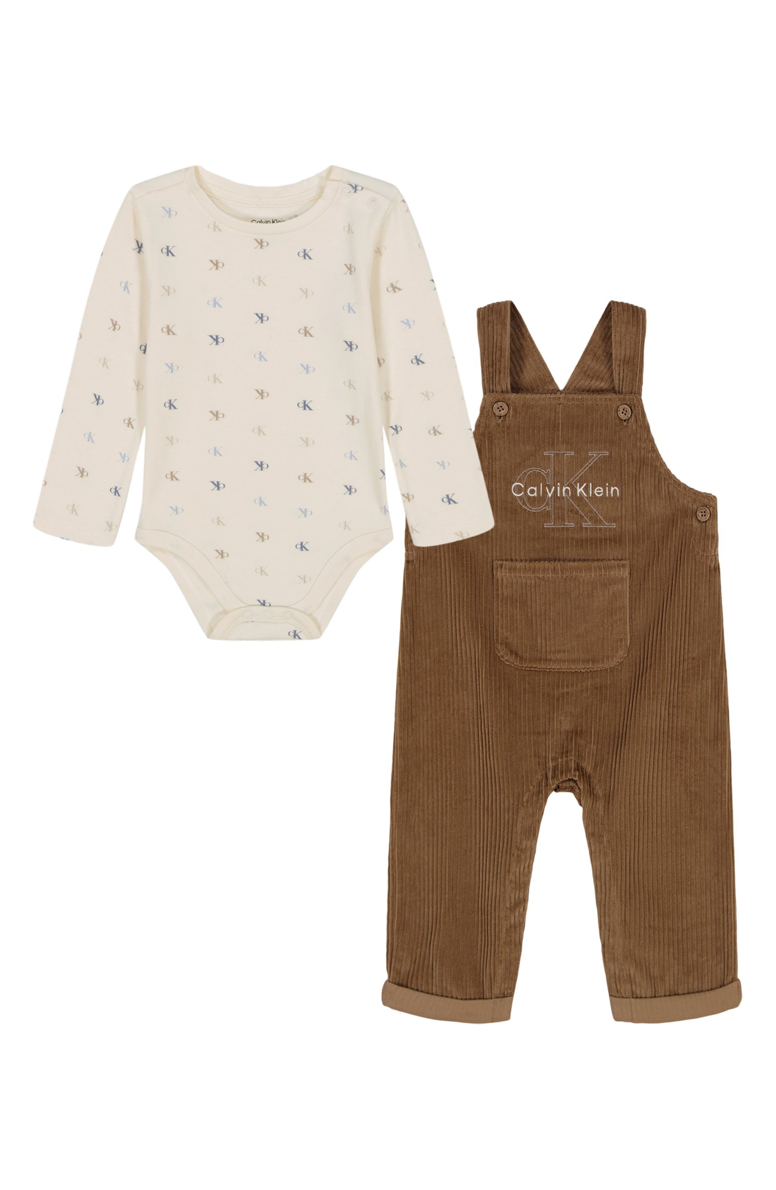 Calvin Klein Logo Long Sleeve Bodysuit & Corduroy Overalls Set