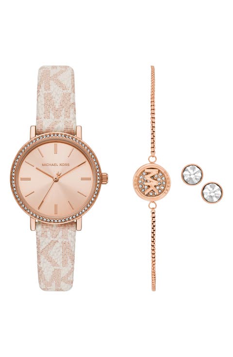 Addyson Leather Strap Watch, Bracelet & Stud Earrings Set, 32mm