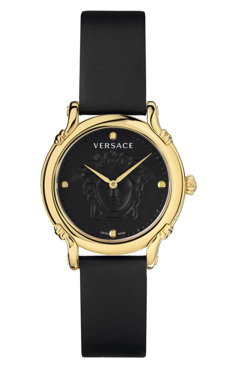 Versace Medusa Embossed Leather Strap Watch, 34mm, Main, color, 