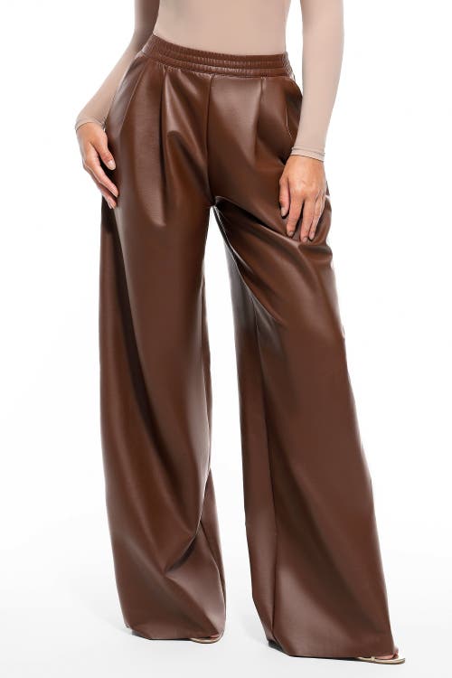 Popilush Faux Leather High Waisted Wide Leg Pants In Brown