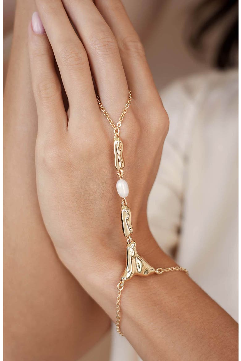 Liquid Metal Genuine Freshwater Pearl Hand Chain, Alternate, color, GOLD
