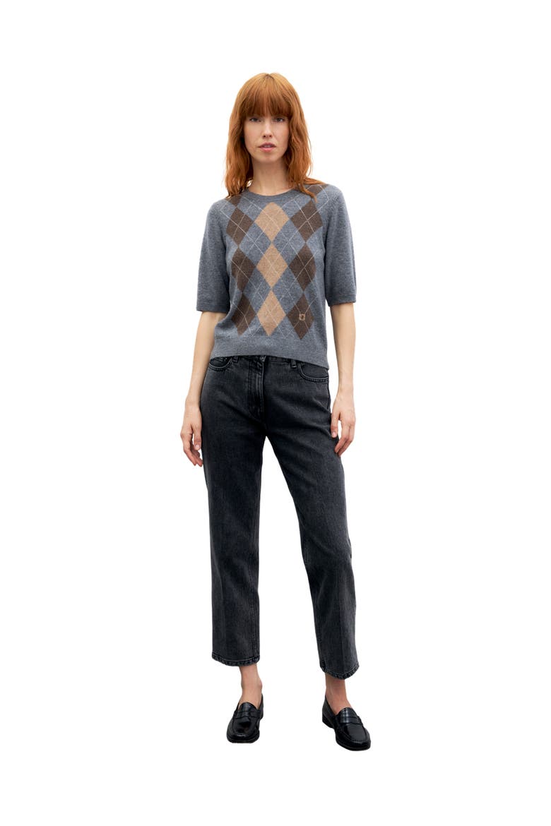 Rema Short Sleeve Argyle Knit Sweater, Alternate, color, Heather Grey