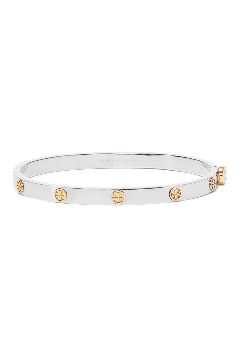 Thin Icon Hinge Bracelet, Main, color, TORY SILVER / TORY GOLD