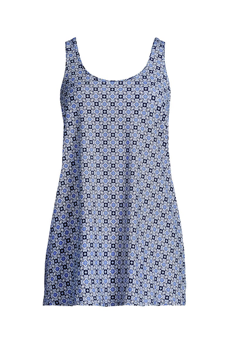 Scoop Neck Mini Swim Dress One Piece Swimsuit, Alternate, color, Lake Blue Geo Floral