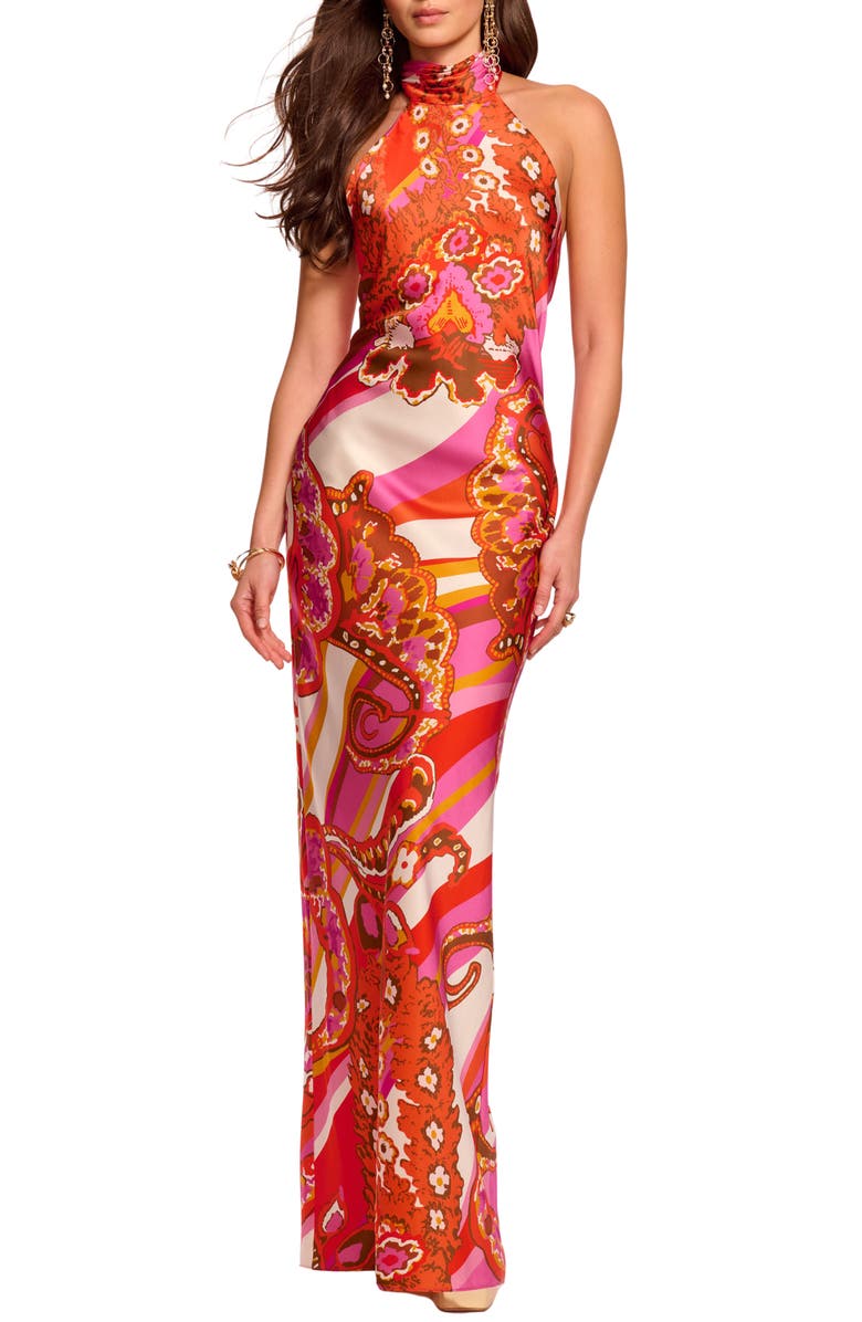 Ramy Brook Tatiana Mixed Print Stretch Silk Halter Neck Gown, Main, color, Fiesta Pink Multi