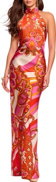 Ramy Brook Tatiana Mixed Print Stretch Silk Halter Neck Gown