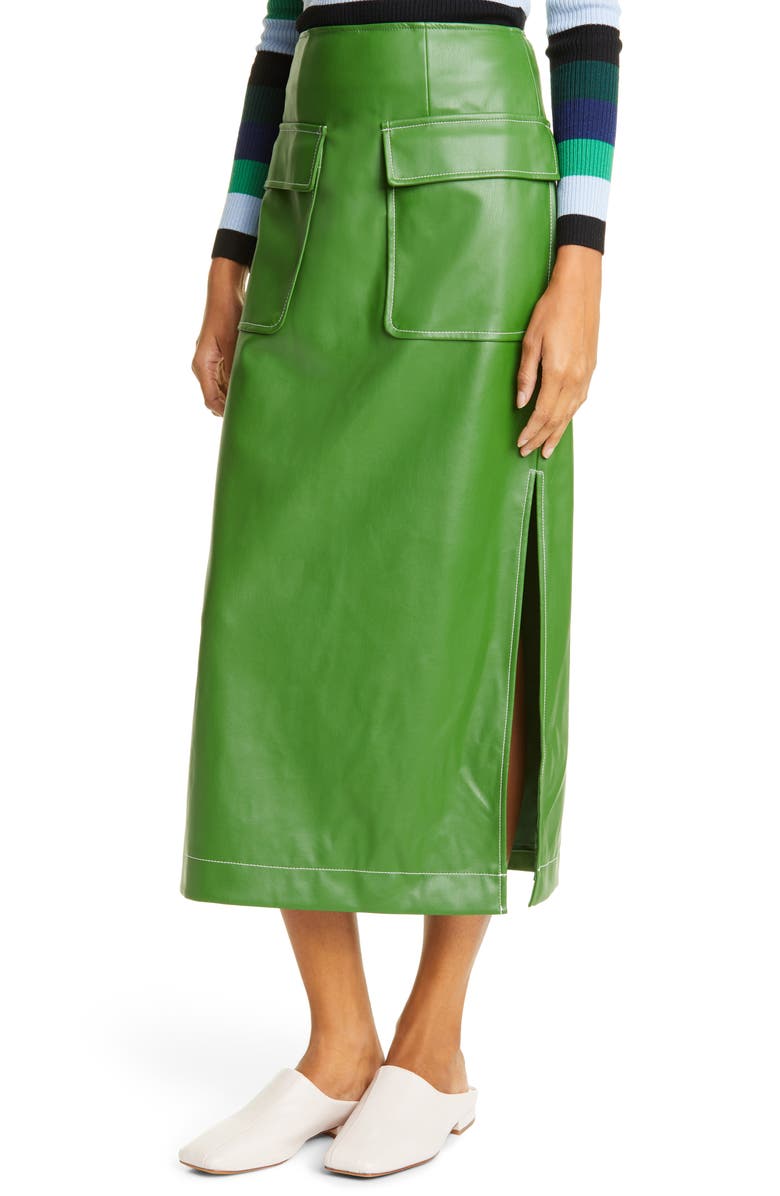 STAUD Burn Faux Leather Midi Skirt, Alternate, color,