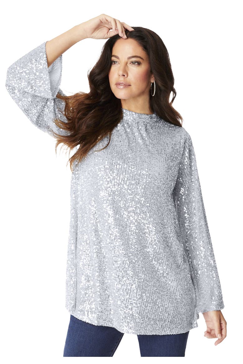 Sequin Mock Neck Blouse, Main, color, SILVER SHIMMER