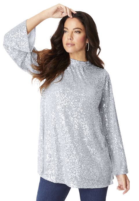 Sequin Mock Neck Blouse