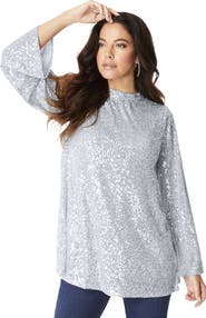 Roaman's Sequin Mock Neck Blouse