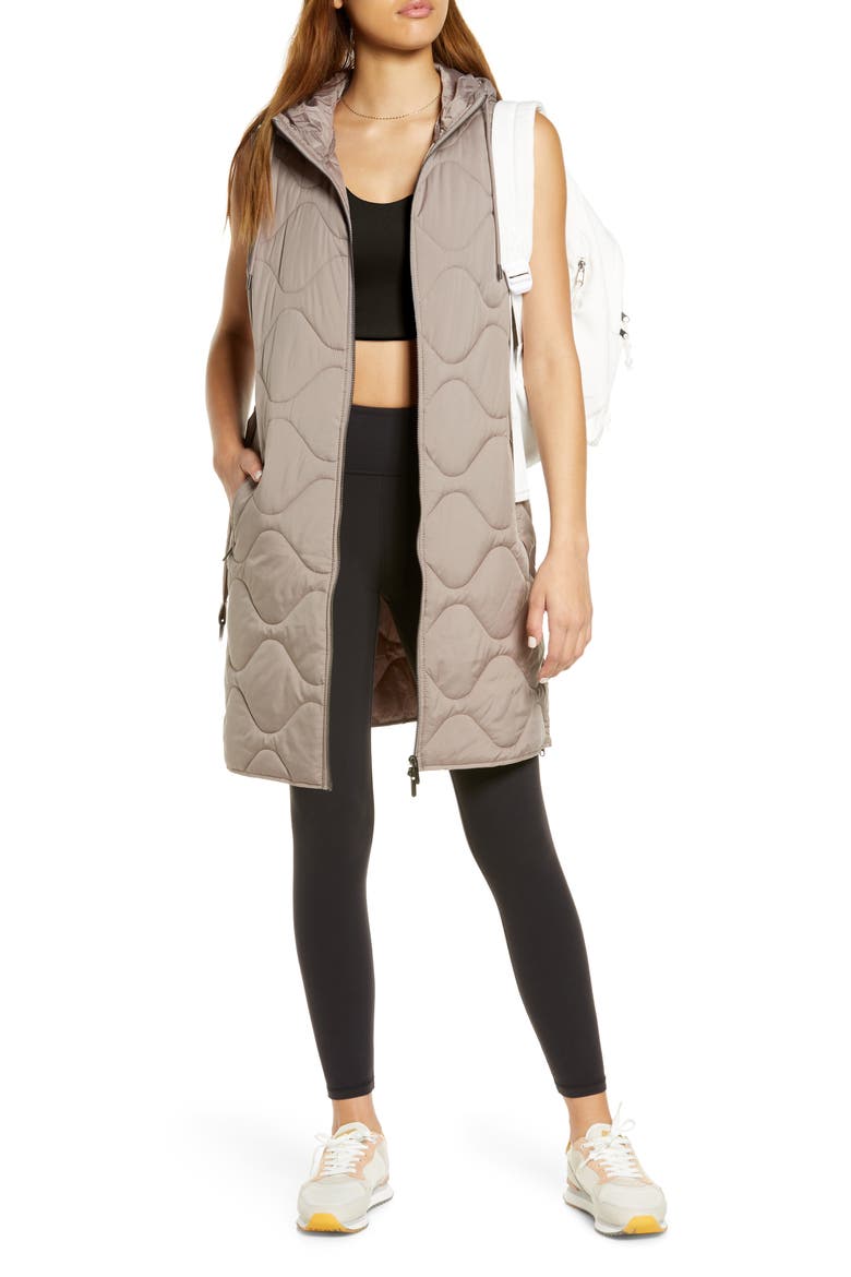 Belted Quilted Longline Recycled Polyester Vest, Alternate, color, TAN