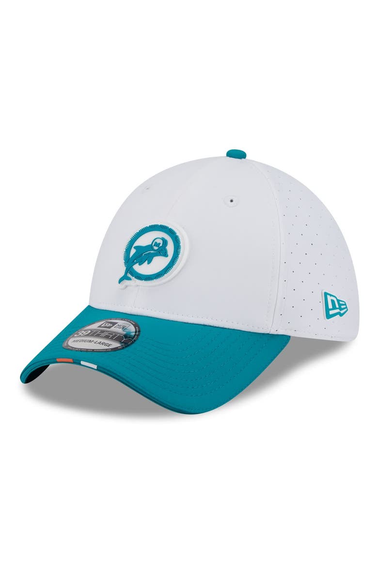Men's New Era  White/Aqua Miami Dolphins 2025 NFL Training Camp Throwback Logo 39THIRTY Flex Hat, Main, color, White