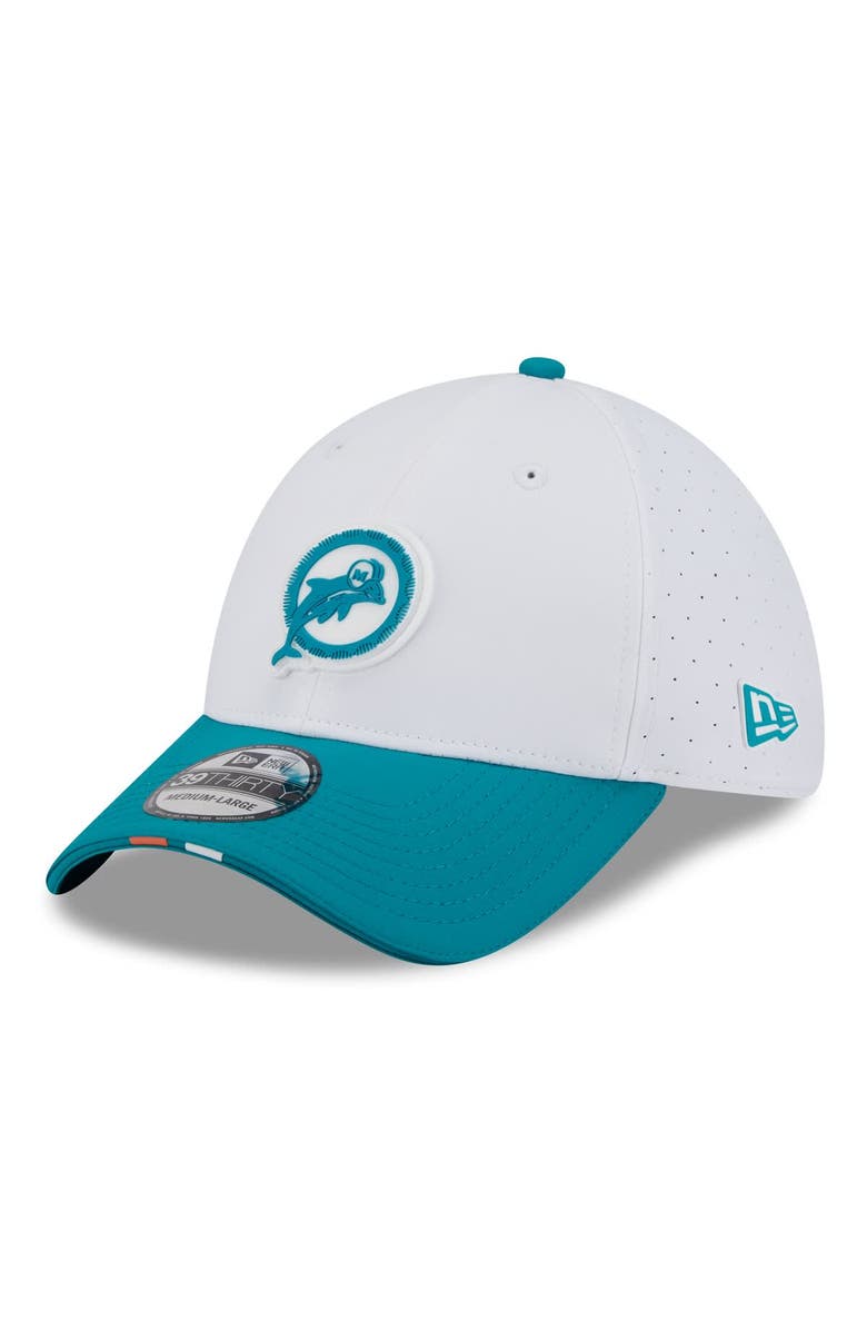 New Era Men's New Era White/Aqua Miami Dolphins 2025 NFL Training Camp Throwback Logo 39THIRTY Flex Hat, Main, color, White