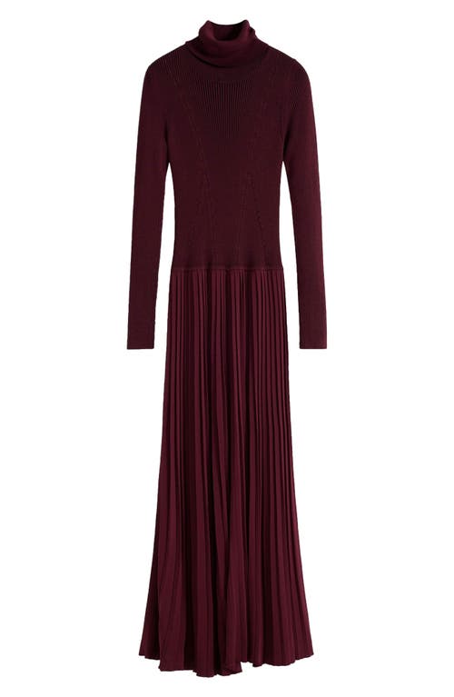 Desigual Long Sleeve Pleat Turtleneck Maxi Dress In Burgundy