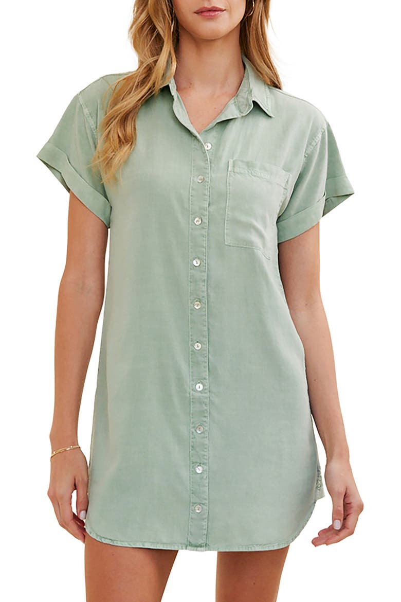 Roll Sleeve Pocket Mini Shirtdress, Main, color, OASIS GREEN