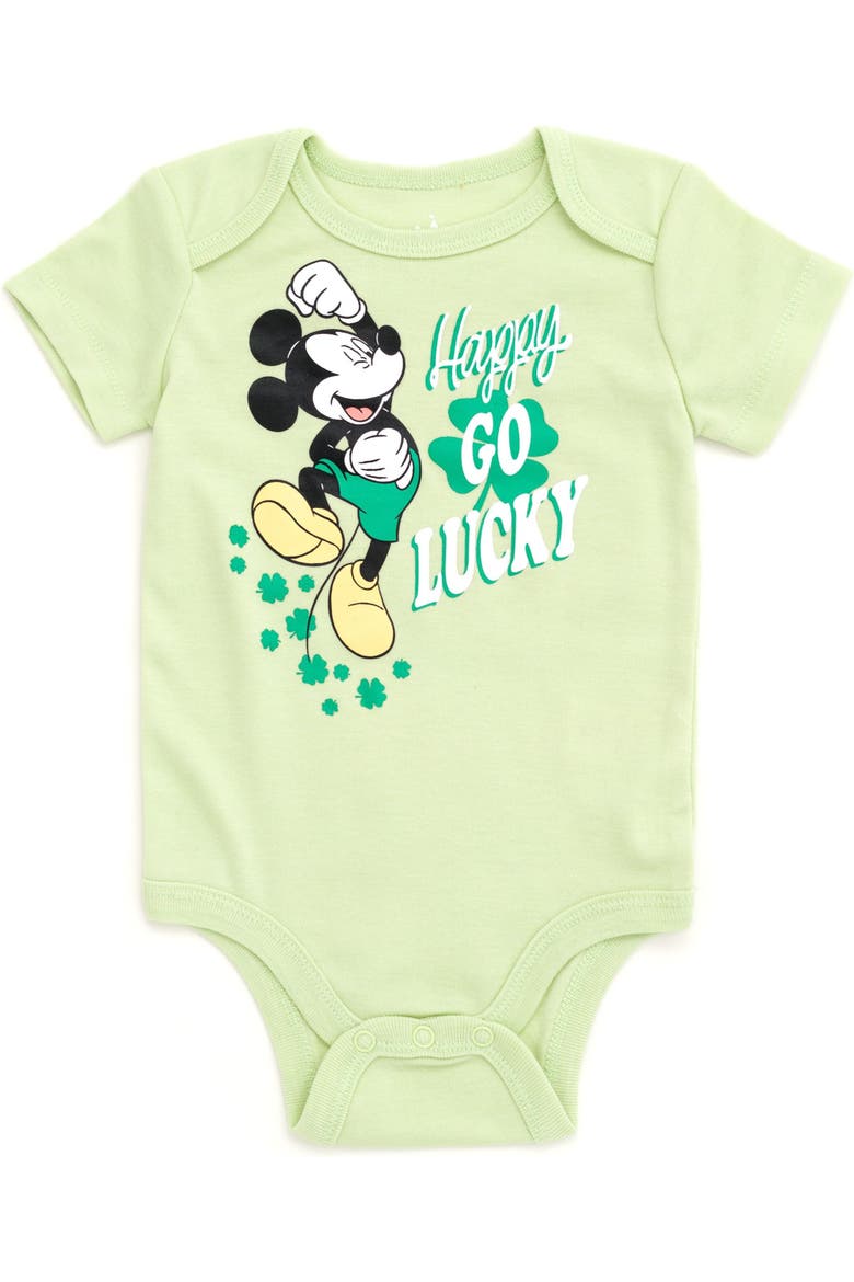 Mickey Mouse & Friends Holiday Short Sleeve Bodysuit, Main, color, Mint Green Mickey