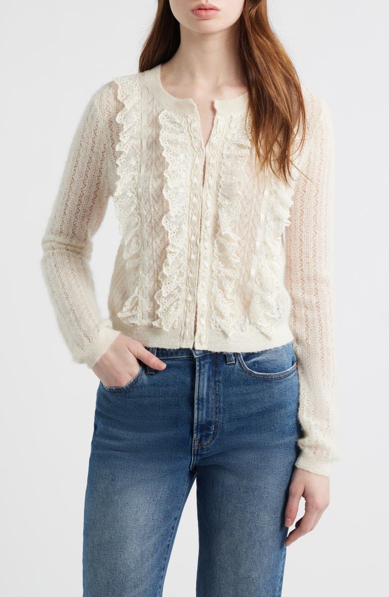LoveShackFancy Melisse Lace Ruffle Alpaca & Wool Blend Cardigan, Main, color, Aspen White