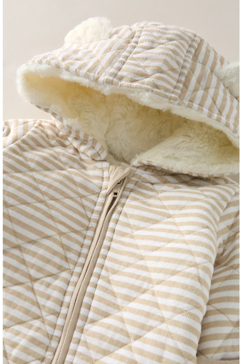 Ear Appliqué Quilted Faux Fur Lined Hooded Bunting, Alternate, color, BEIGE OATMEAL SHEA STRIPE