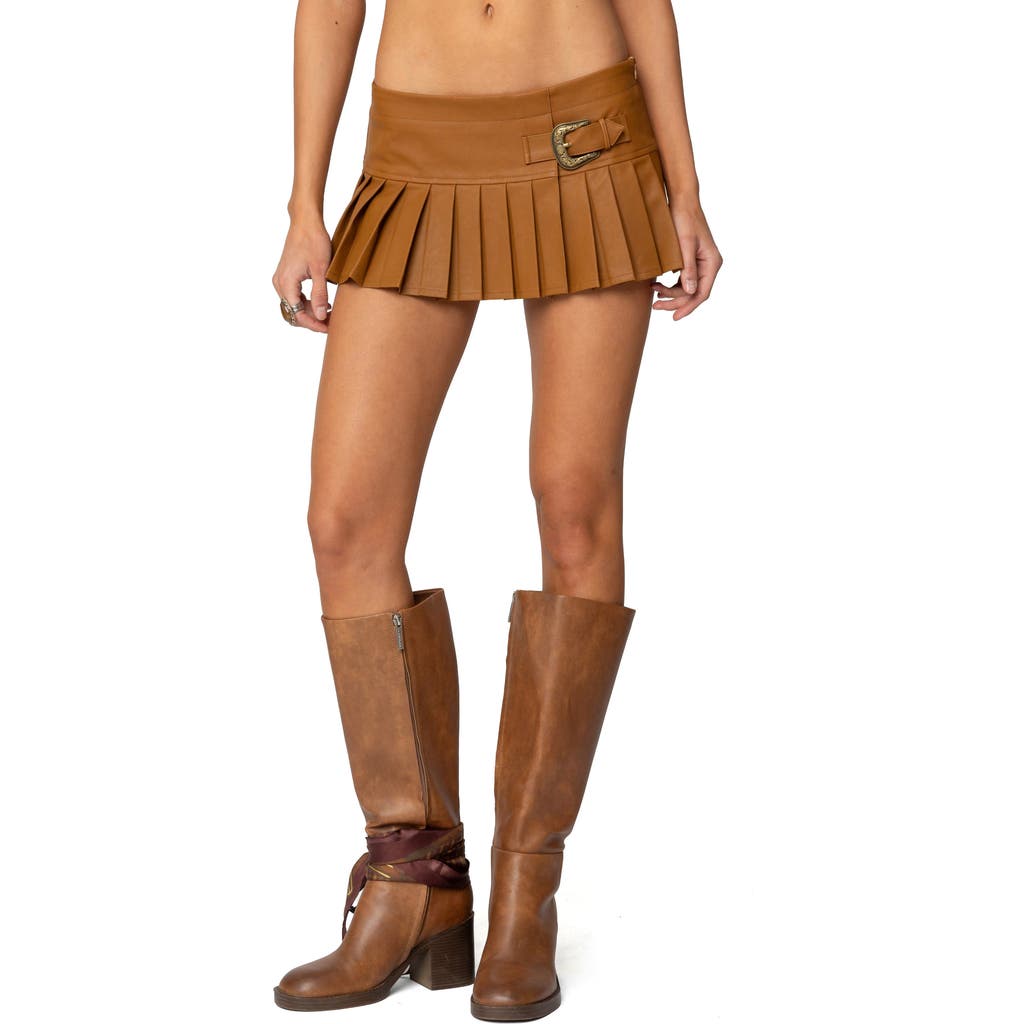 Shop Edikted Pleated Faux Leather Mini Skort In Brown