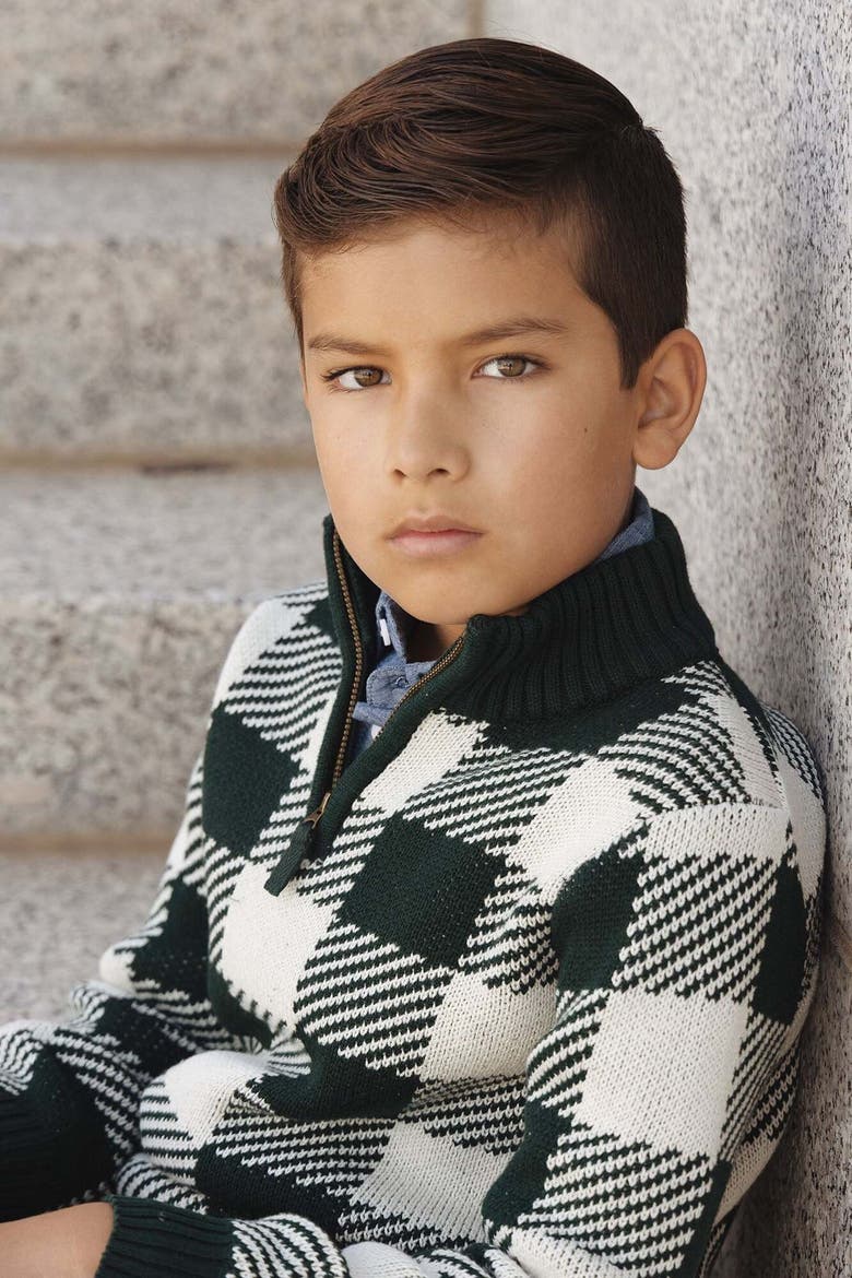 Kids' Organic Half Zip Intarsia Sweater, Alternate, color, Deep Green Check