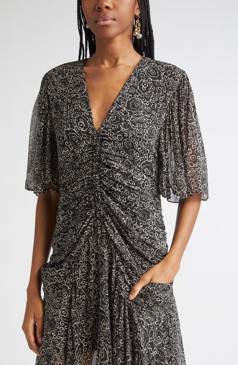 Isabel Marant Étoile Vivienne Ruched Chiffon Dress, Alternate, color, Black/ Ecru